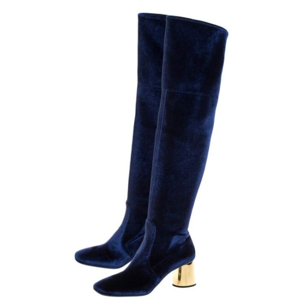 Prada Blue Velvet Heeled Boots with Gold Accent - Sz 10.5 (40.5)